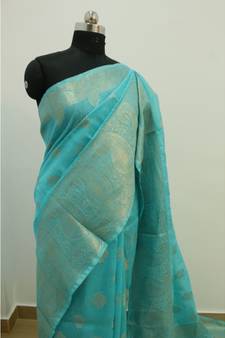 blue Banarsi Silk linen Saree with zari woven pallu and border blouse