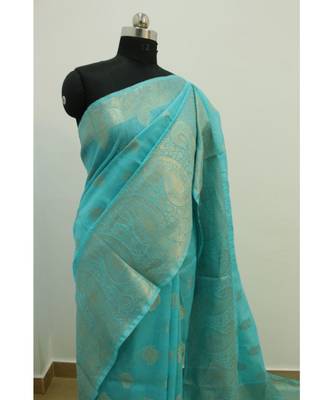 blue Banarsi Silk linen Saree with zari woven pallu and border blouse 1