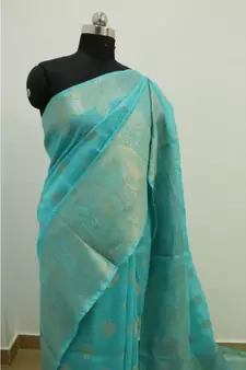 blue Banarsi Silk linen Saree with zari woven pallu and border blouse