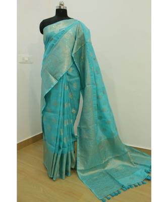 blue Banarsi Silk linen Saree with zari woven pallu and border blouse 2