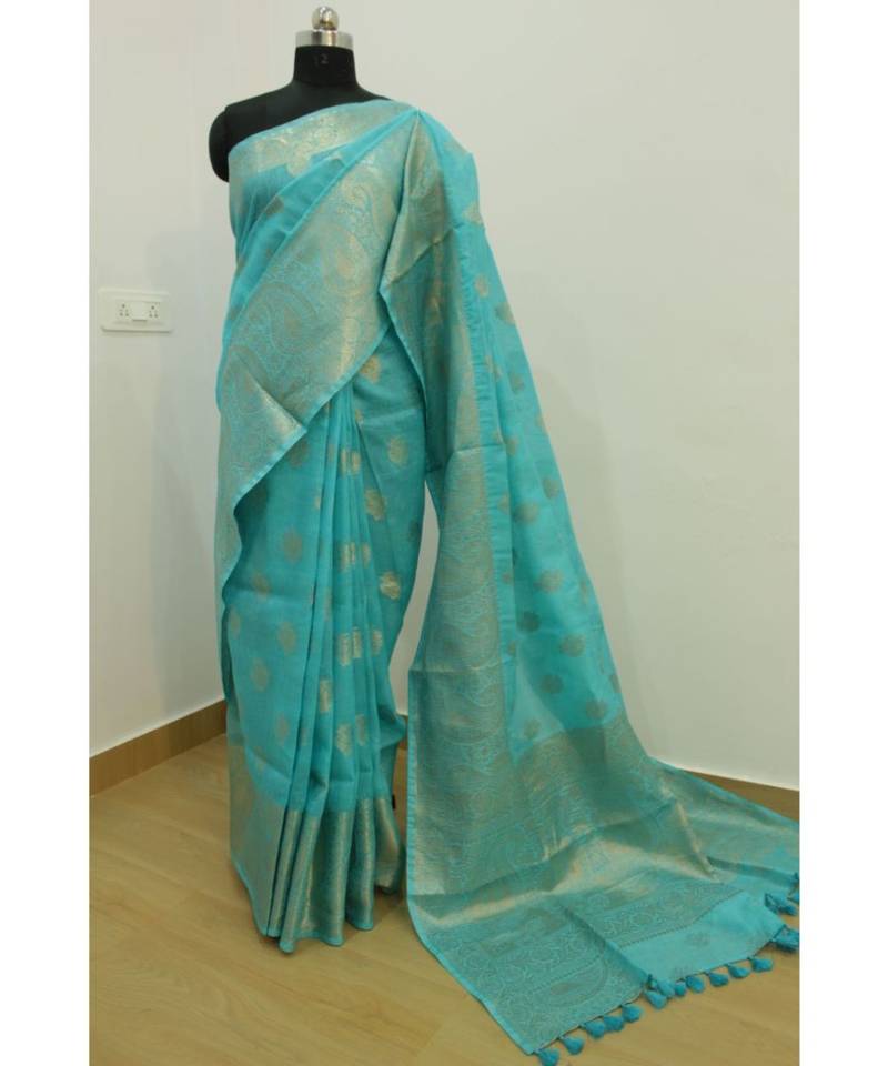 blue Banarsi Silk linen Saree with zari woven pallu and border blouse
