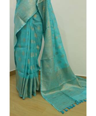 blue Banarsi Silk linen Saree with zari woven pallu and border blouse 3