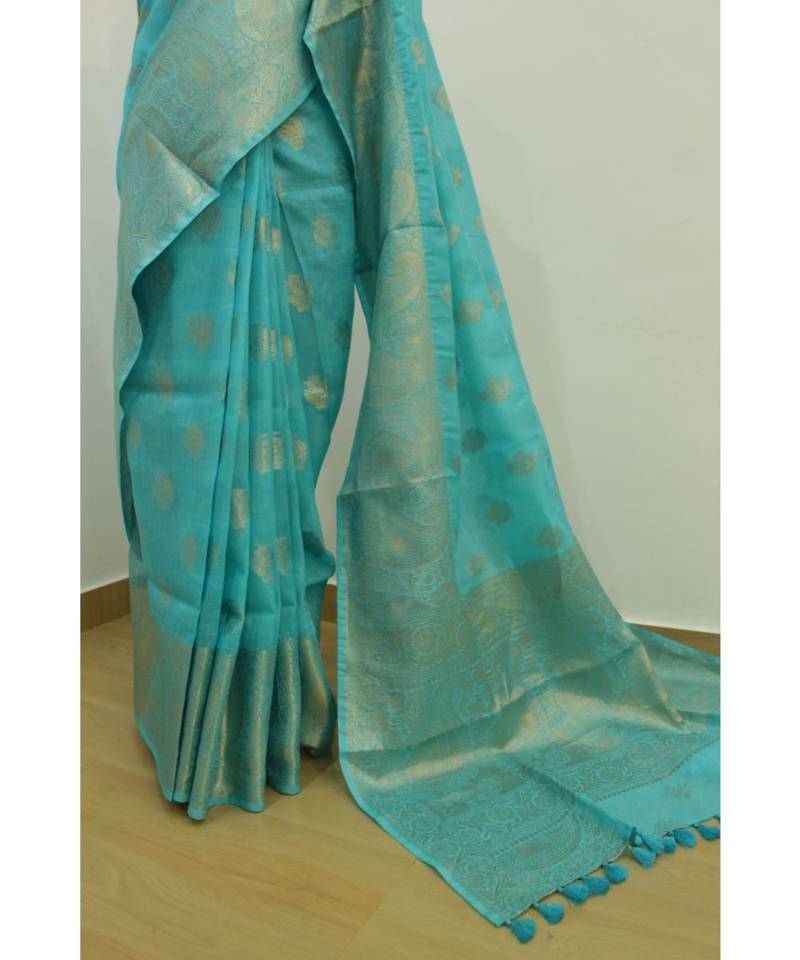 blue Banarsi Silk linen Saree with zari woven pallu and border blouse