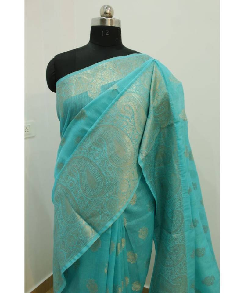 blue Banarsi Silk linen Saree with zari woven pallu and border blouse