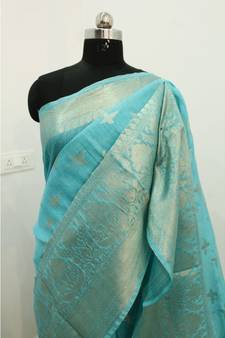 blue Banarsi Silk linen Saree with zari woven pallu and border blouse