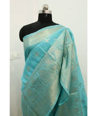 blue Banarsi Silk linen Saree with zari woven pallu and border blouse 1