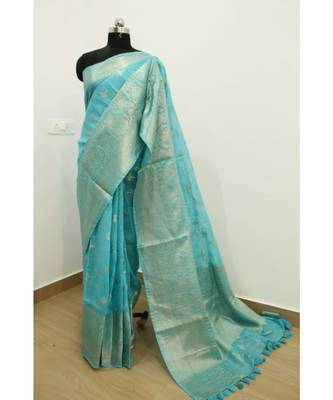 blue Banarsi Silk linen Saree with zari woven pallu and border blouse 2