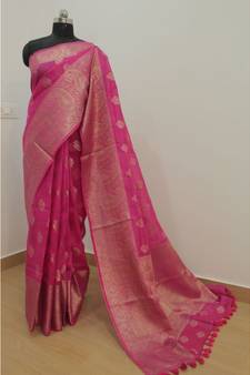 pink Banarsi Silk linen Saree with zari woven pallu and border blouse