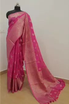 pink Banarsi Silk linen Saree with zari woven pallu and border blouse