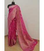 pink Banarsi Silk linen Saree with zari woven pallu and border blouse