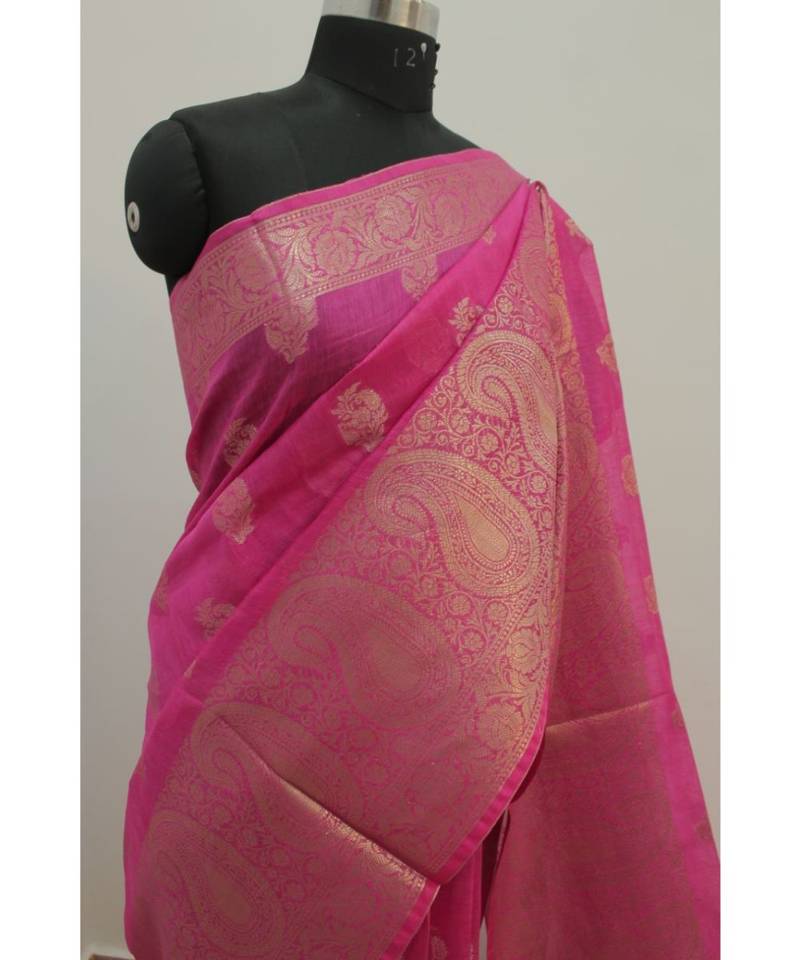 pink Banarsi Silk linen Saree with zari woven pallu and border blouse