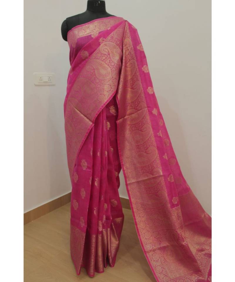 pink Banarsi Silk linen Saree with zari woven pallu and border blouse