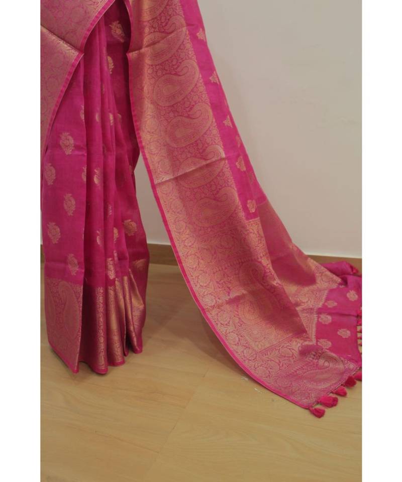 pink Banarsi Silk linen Saree with zari woven pallu and border blouse