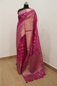 pink Banarsi Silk linen Saree with zari woven pallu and border blouse