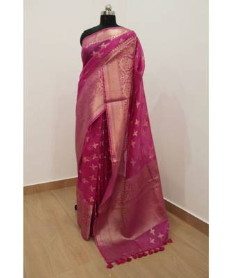 pink Banarsi Silk linen Saree with zari woven pallu and border blouse 1