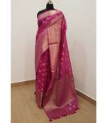 pink Banarsi Silk linen Saree with zari woven pallu and border blouse