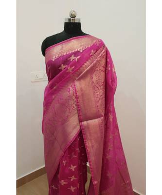 pink Banarsi Silk linen Saree with zari woven pallu and border blouse 2