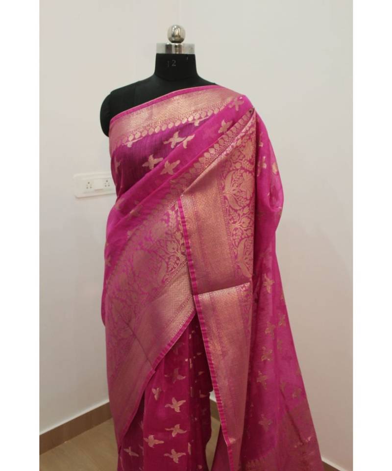 pink Banarsi Silk linen Saree with zari woven pallu and border blouse