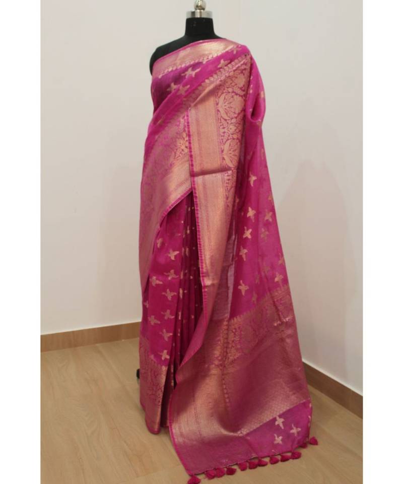 pink Banarsi Silk linen Saree with zari woven pallu and border blouse