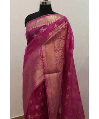 pink Banarsi Silk linen Saree with zari woven pallu and border blouse 4