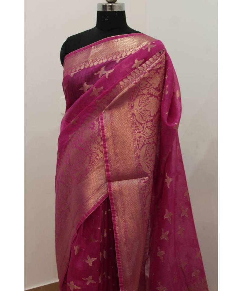 pink Banarsi Silk linen Saree with zari woven pallu and border blouse