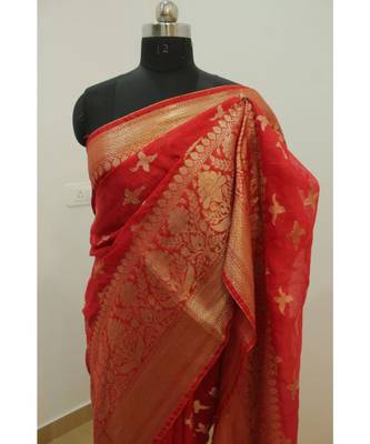 orange Banarsi Silk linen Saree with zari woven pallu and border blouse 1
