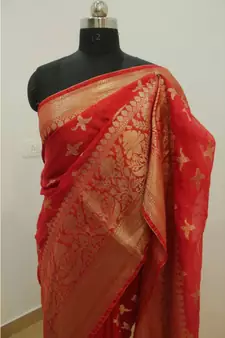 orange Banarsi Silk linen Saree with zari woven pallu and border blouse