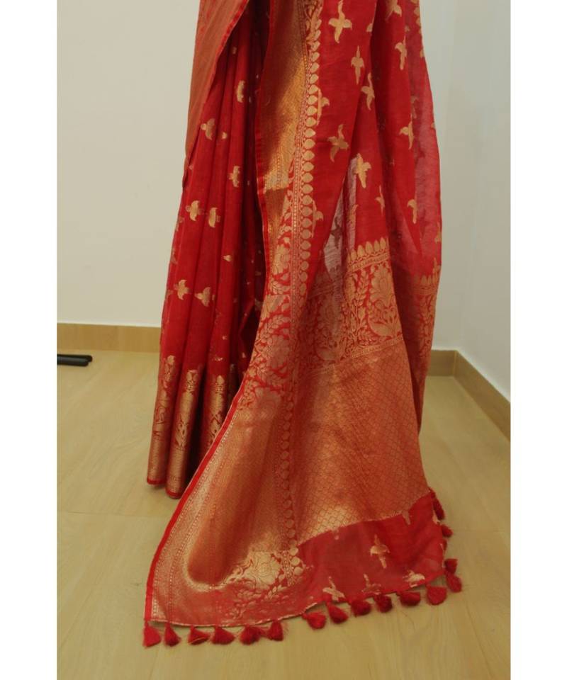 orange Banarsi Silk linen Saree with zari woven pallu and border blouse