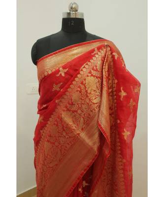 orange Banarsi Silk linen Saree with zari woven pallu and border blouse 3