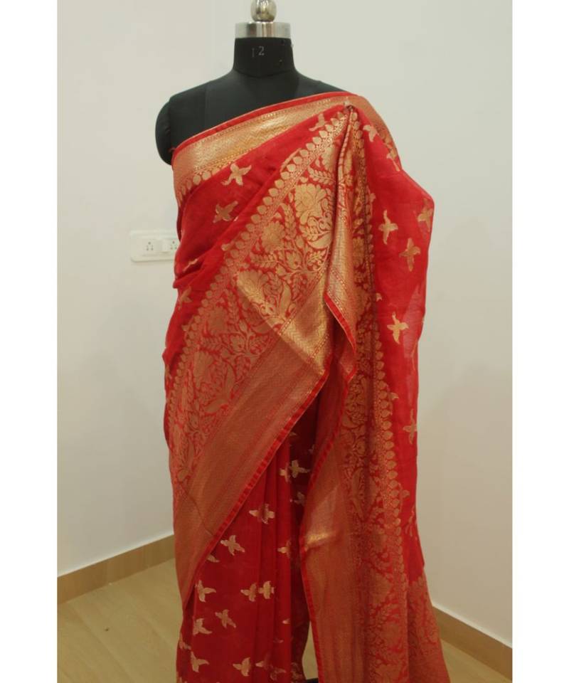 orange Banarsi Silk linen Saree with zari woven pallu and border blouse