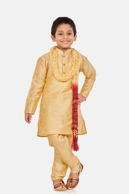Gold plain cotton silk boys-kurta-pyjama 1
