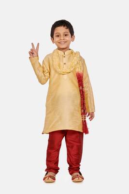 Gold plain cotton silk boys-kurta-pyjama 1