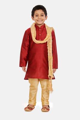Maroon plain cotton silk boys-kurta-pyjama 1