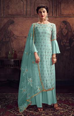 Sky-blue stone silk salwar 1