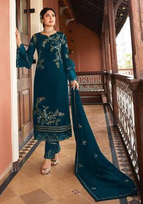 Dark-turquoise embroidered silk salwar 1