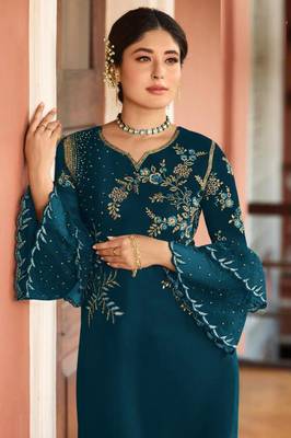 Dark-turquoise embroidered silk salwar 2