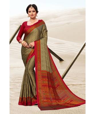 Sangam Prints Beige & Red Crepe Printed Traditional Saree 1