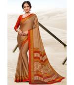 Sangam Prints Beige & Red Crepe Printed Traditional Saree