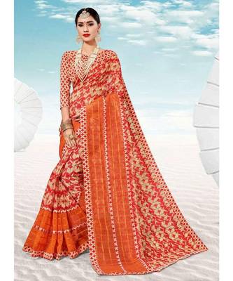 Sangam Prints Orange & Red Kota Thread Work Traditional Saree 1