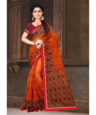 Sangam Prints Orange Kota Printed Traditional Saree 1
