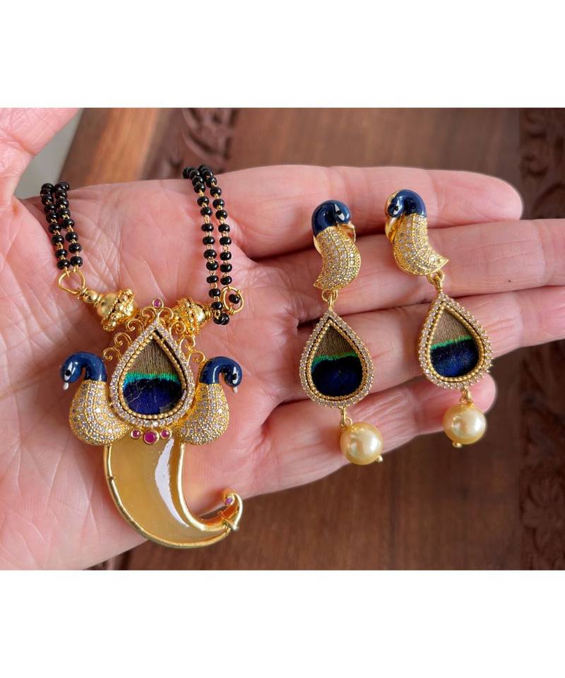 Awesome Cz real peacock feather meenakari necklace set-Dj09190