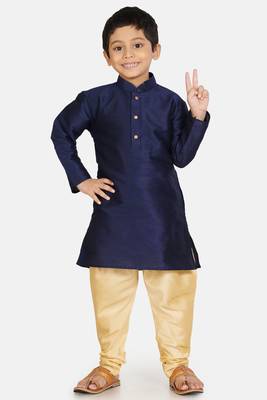 Blue plain cotton silk boys-kurta-pyjama 1