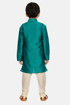Green plain cotton silk boys-kurta-pyjama 3