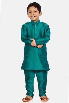 Green plain cotton silk boys-kurta-pyjama 1