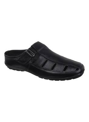 Vardhra Men's Black Genuine Leather Back Open Fisherman Casual Sandal 1