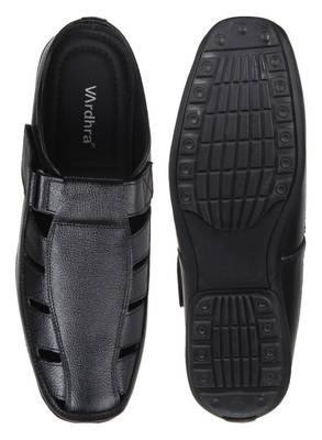 Vardhra Men's Black Genuine Leather Back Open Fisherman Casual Sandal 5