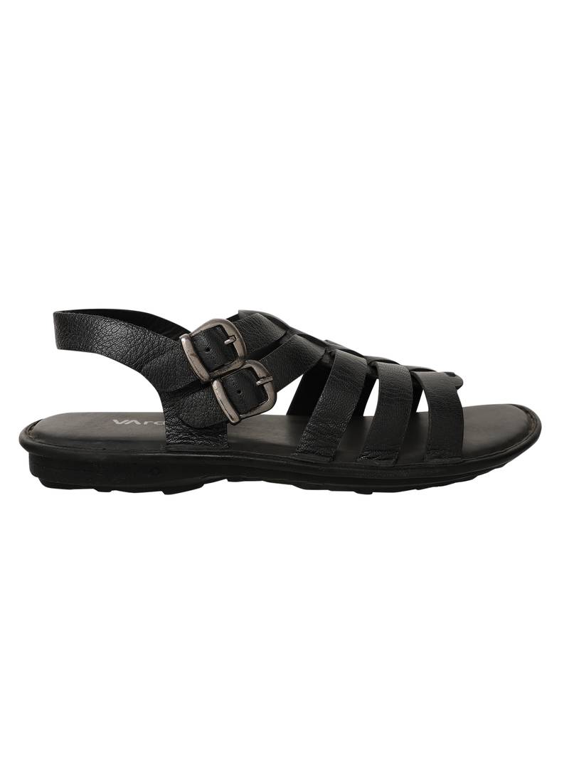 Vardhra Men's Black Genuine Leather Buckle Outdoor Casual Sandal