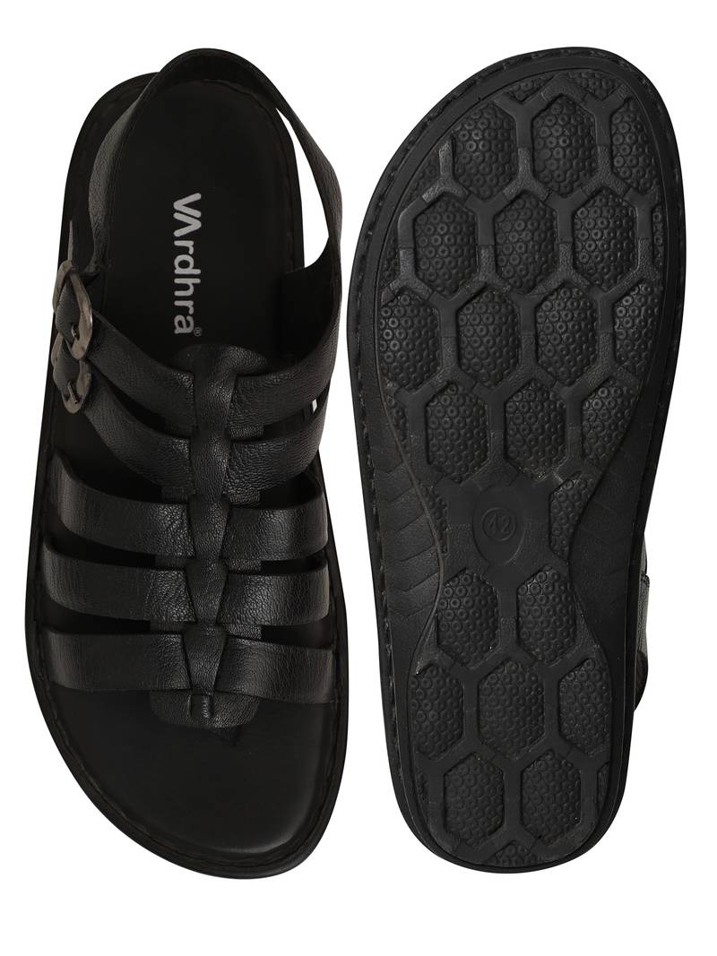 Vardhra Men's Black Genuine Leather Buckle Outdoor Casual Sandal