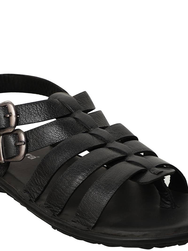Vardhra Men's Black Genuine Leather Buckle Outdoor Casual Sandal