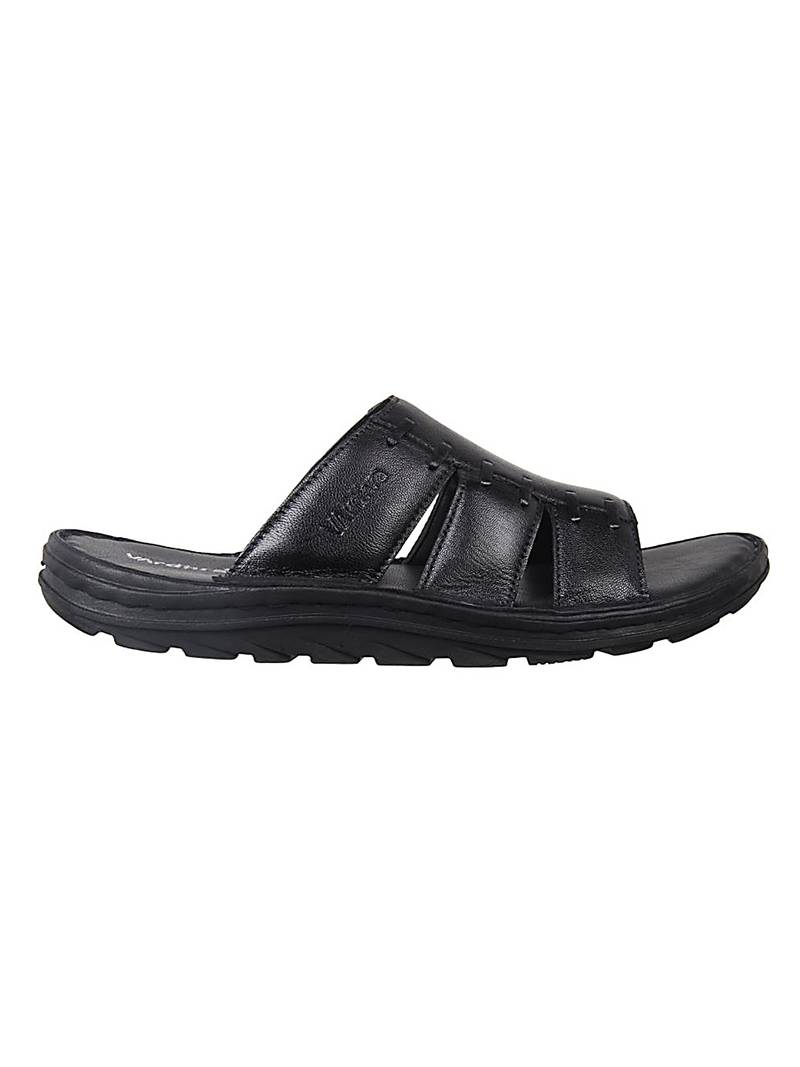 Vardhra Men's Black Genuine Leather Casual Slipper